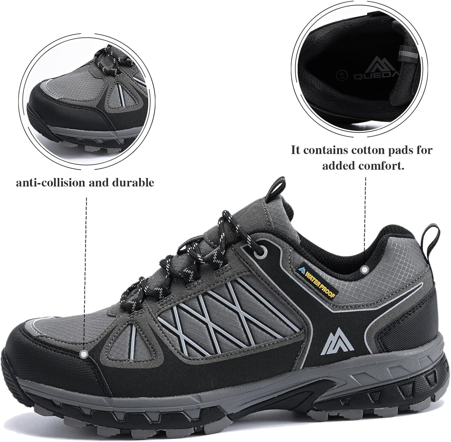 Queday Men's Waterproof Hiking Shoes Lightweight Anti Slip Outdoor Ankle Boots Breathable Hike Trekking Trails Shoe