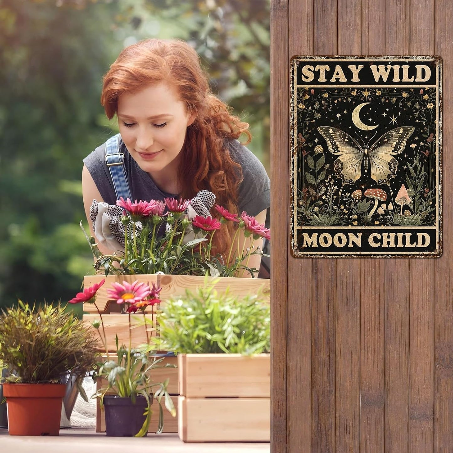 Vintage Tin Sign Butterfly Stay Wild Moon Tin Sign Retro Wall Decor for Home Office Room Wall Decor Poster 12 * 16inch