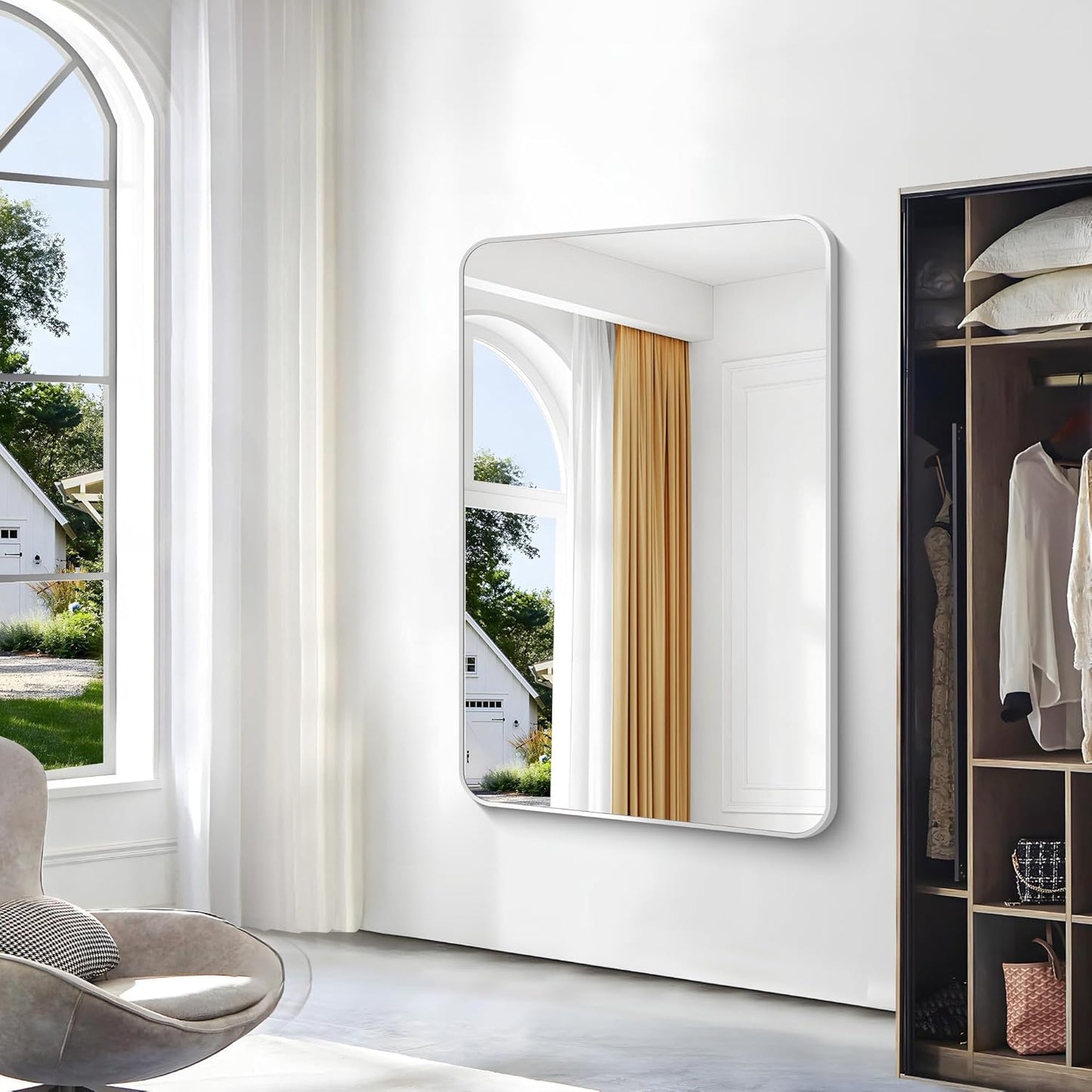 Silver Bathroom Mirror,55x36 inch Wall Mirror for Bathroom Wall Mounted,Rectangle Mirror for Bathroom Over Sink,Modern Frame Round Corner for Living Room,Bedroom Entryway,Horizontal/Vertical