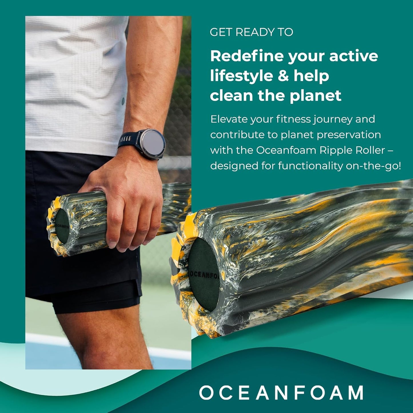 Oceanfoam Ripple Travel Foam Roller (11" x 3.35") Firm Mini Foam Roller for Physical Therapy, Deep Tissue Massage, Back Pain - High Density, Wave Textured - Yoga (Hunter, Gold & Natural Marbled)