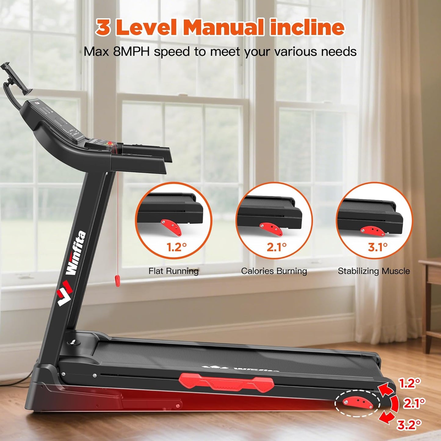 Treadmill with Incline, 300 LBS Capacity, 8 MPH or 10 MPH Speed, Bluetooth, App, Pause Function, Folding Treadmills for Home with 64 Programs, 17'' or 18'' Wide Belt, Heart Rate, BMI Detector