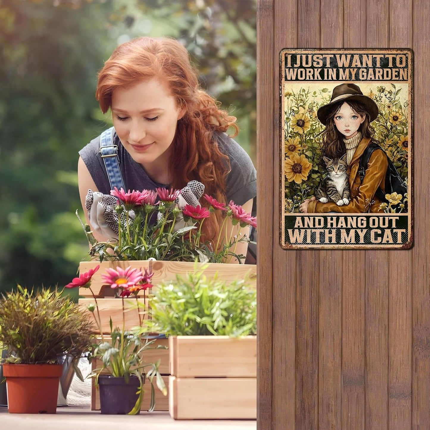 Cat Garden Vintage Tin Sign I Just Want To Work In My Garden and Hang Out With My Cat Retro Metal Tin Sign Sunflower Decor for Home Fence Porch Room Wall Decor Poster 12 * 8inch