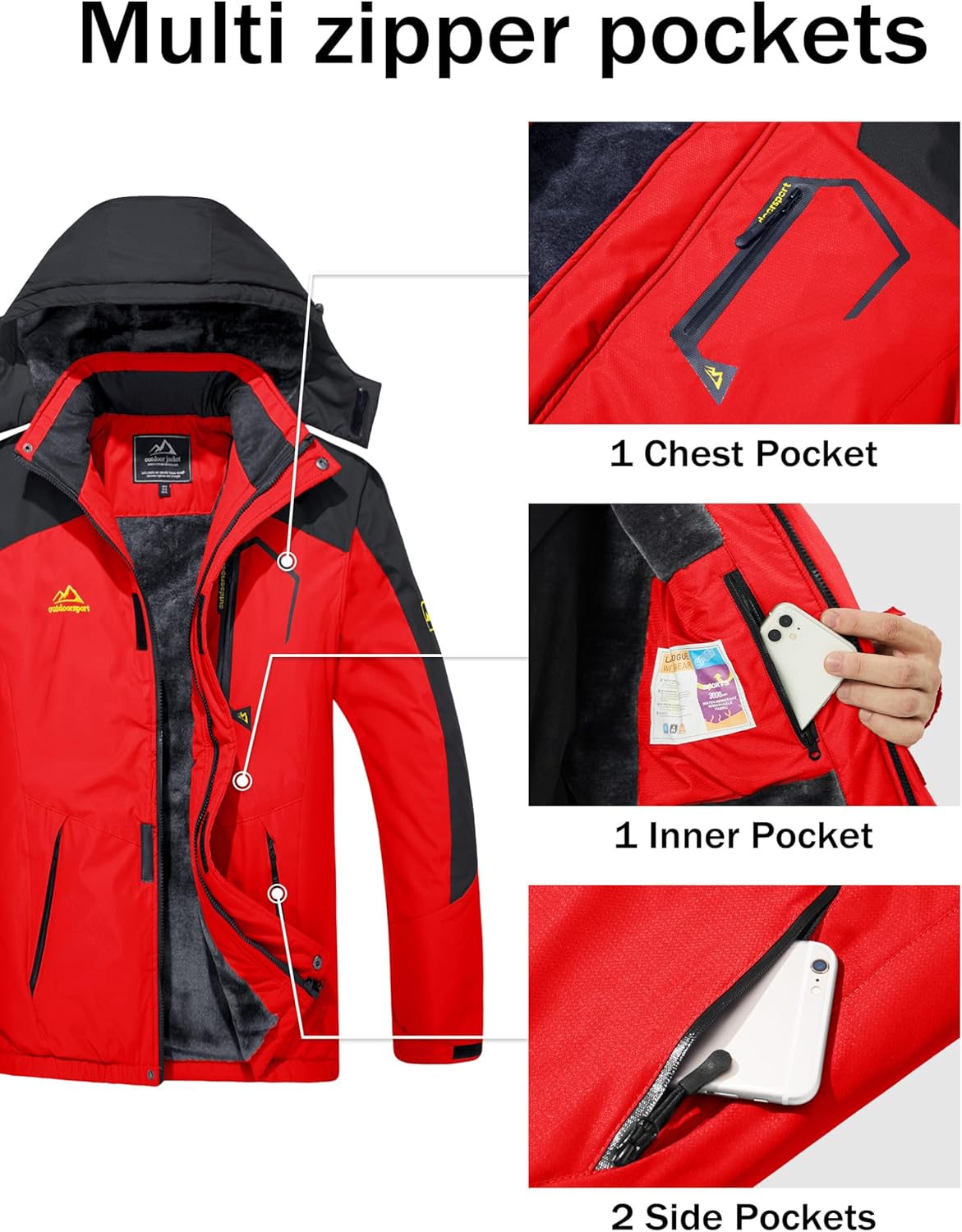 MAGCOMSEN Men's Winter Coats Water Resistant Ski Snow Jacket Warm Fleece Jacket Parka Raincoats With Multi-Pockets
