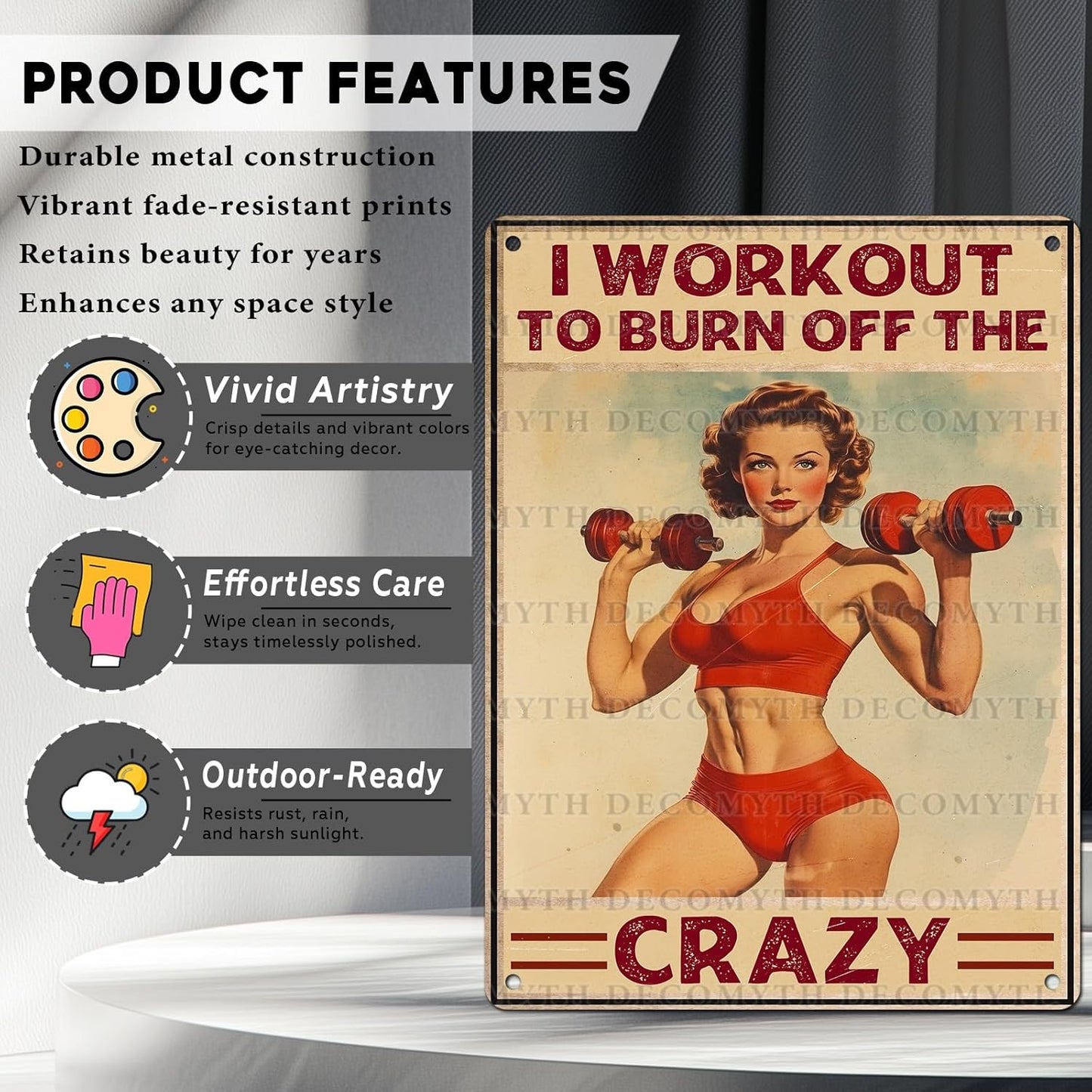 Vintage Girl Gym Tin Sign I Workout to Burn off The Crazy Retro Fitness Wall Decor Nostalgic Art Funny Workout Room Inspirational Metal Poster Store Cafe Pubs Bedroom Bathroom 12 * 16inch