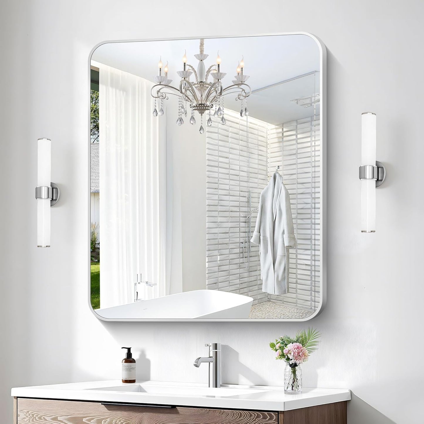 Silver Bathroom Mirror,30x36 inch Wall Mirror for Bathroom Wall Mounted,Rectangle Mirror for Bathroom Over Sink,Modern Frame Round Corner for Living Room,Bedroom Entryway,Horizontal/Vertical