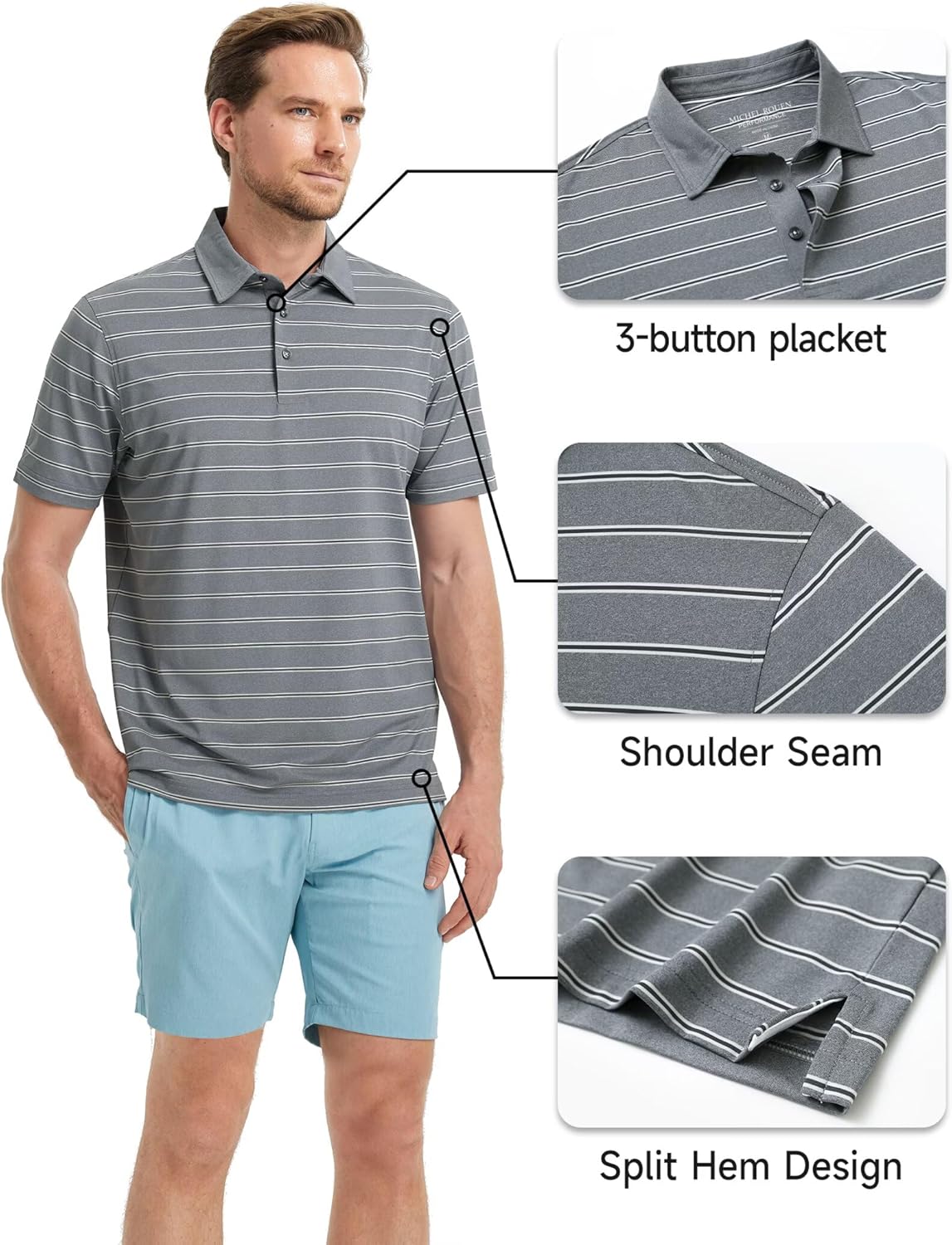 Rouen Polo Shirts for Men Dry Fit Performance Heather Stripe Golf Polo Moisture Wicking Lightweight Breathable Golf Shirts