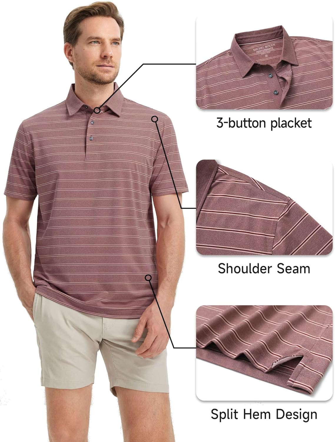 Rouen Polo Shirts for Men Dry Fit Performance Heather Stripe Golf Polo Moisture Wicking Lightweight Breathable Golf Shirts