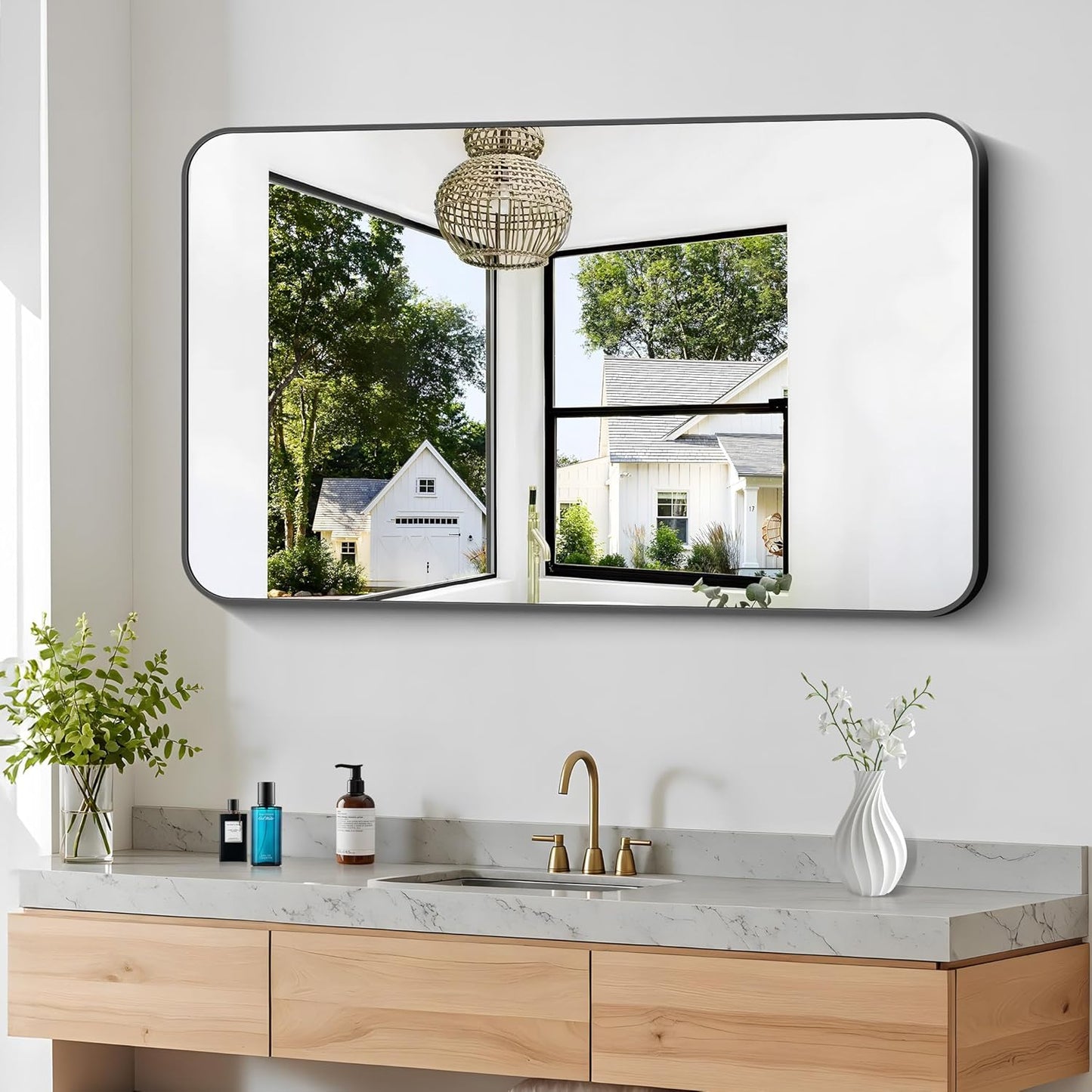 30x48 inch Bathroom Mirror,Black Rectangle Mirror,Wall Mounted Bathroom Frame Vanity Mirror with Round Corner for Bedroom Living Room, Entryway Hangs Horizontal or Vertical