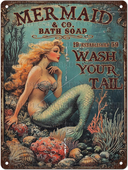 Retro Mermaid Tin Sign Wash Your Tail Vintage Metal Poster Funny Bath Soap Wall Art Toilet Bathroom Man Cave Bar Cafe Indoor Living Room Garage 12 * 16inch