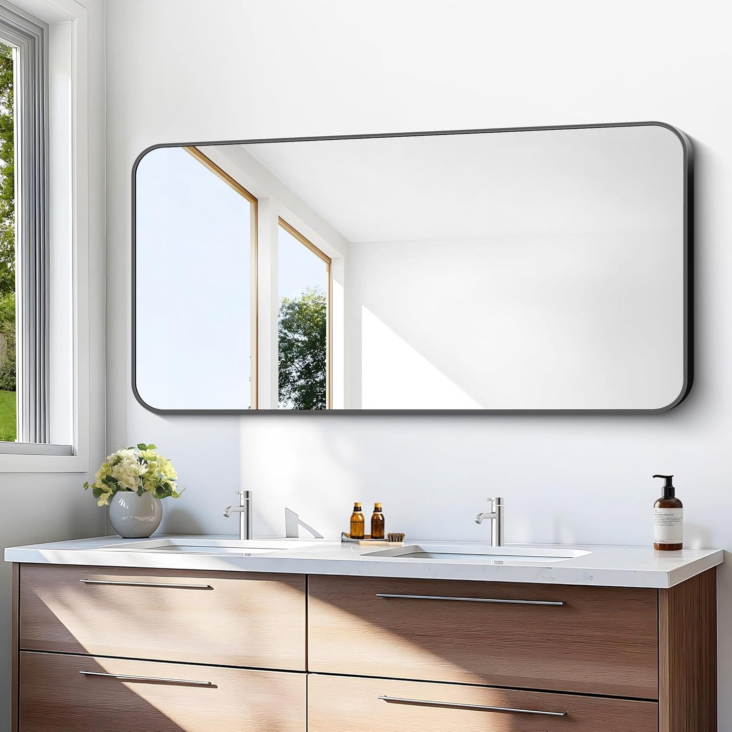 24x48 inch Bathroom Mirror,Black Rectangle Mirror,Wall Mounted Bathroom Frame Vanity Mirror with Round Corner for Bedroom Living Room, Entryway Hangs Horizontal or Vertical