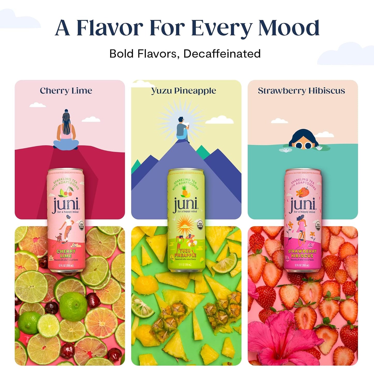 Juni Sparkling Adaptogen Drink with Ashwagandha, Lion’s Mane & Reishi Mushrooms | Green Tea for Focus, Zero Sugar, 5 Calories | Decaffeinated, Non Alcoholic Drinks - Yuzu Pineapple 12 pack