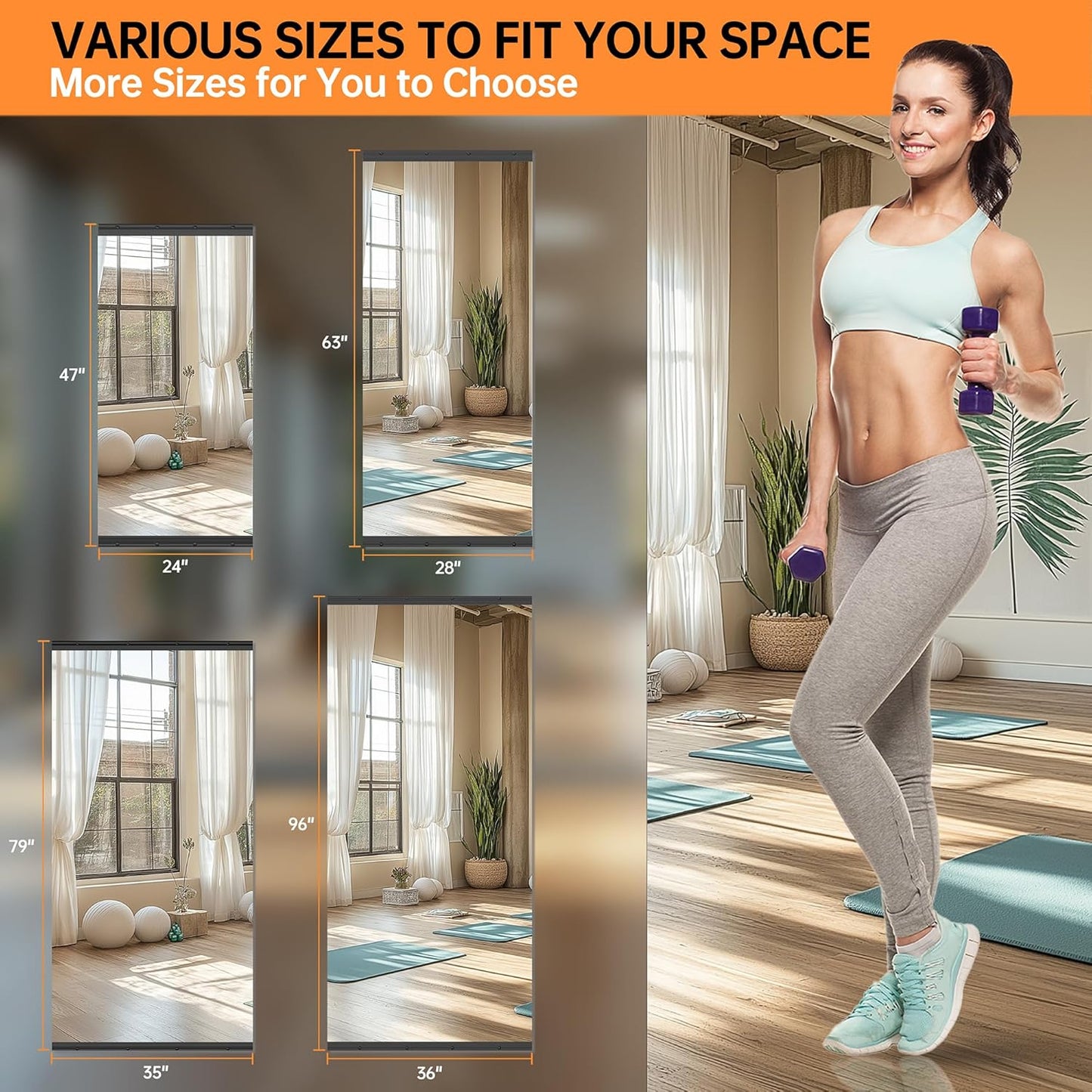 Hasipu 2 Pcs 94''x39'' Home Gym Mirror Large Full Length Wall Mounted Full Body Mirror for Yoga Dance Fitness Exercise Studio Bedroom Garage, Frameless Tempered Glass Workout Mirrors Black Rectangular