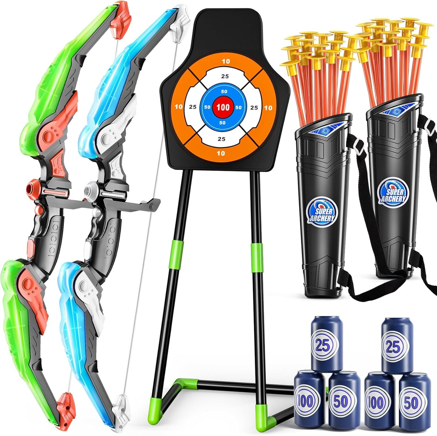 2 Pack Kids Bow and Arrow Set, LED Light Up Archery Toy Set with 30 Suction Cup Arrows, Standing Target, Quiver & 6 Score Targets, Bow and Arrows Set Toys Gift for 3-12 Year Old Kids Boys