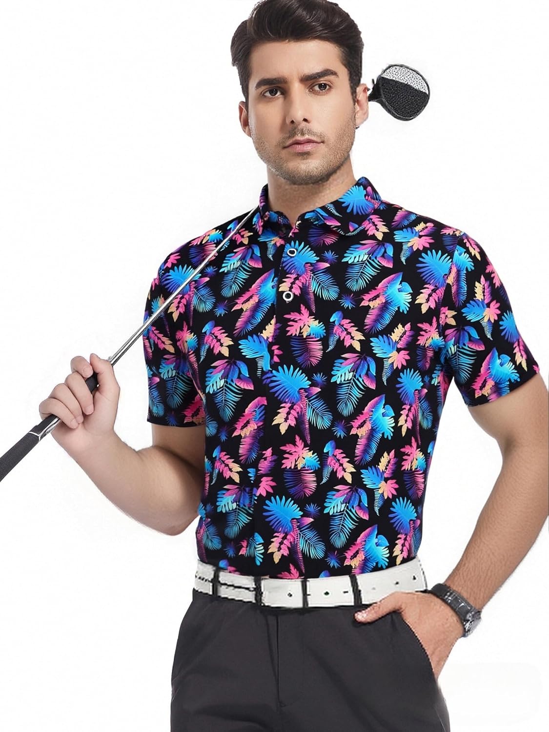 SAMERM Golf Shirts for Men Super Stretch Jacquard Dry Fit Golf Polo Moisture Wicking Short Sleeve Polo Shirts for Men