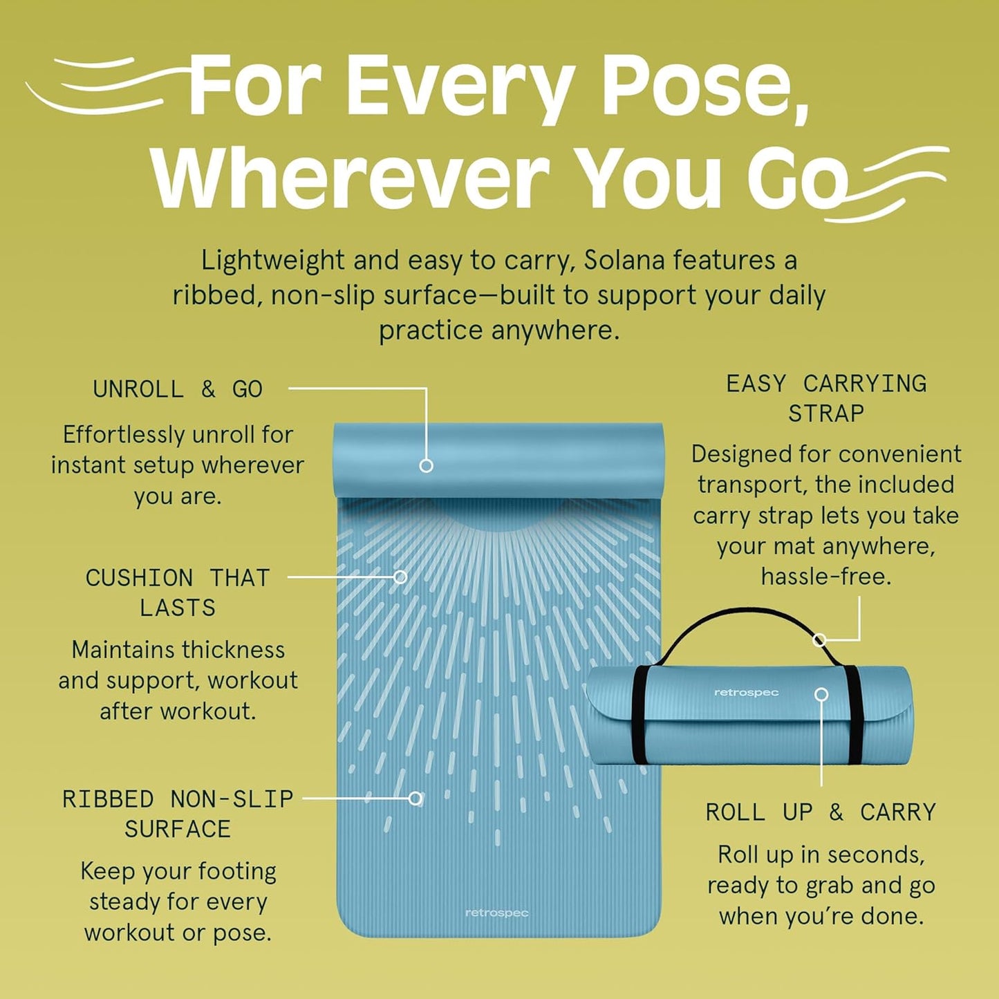 Retrospec Solana Yoga Mat 1/2" Thick w/Nylon Strap for Men & Women - Non Slip Exercise Mat for Yoga, Pilates, Stretching, Floor & Fitness Workouts