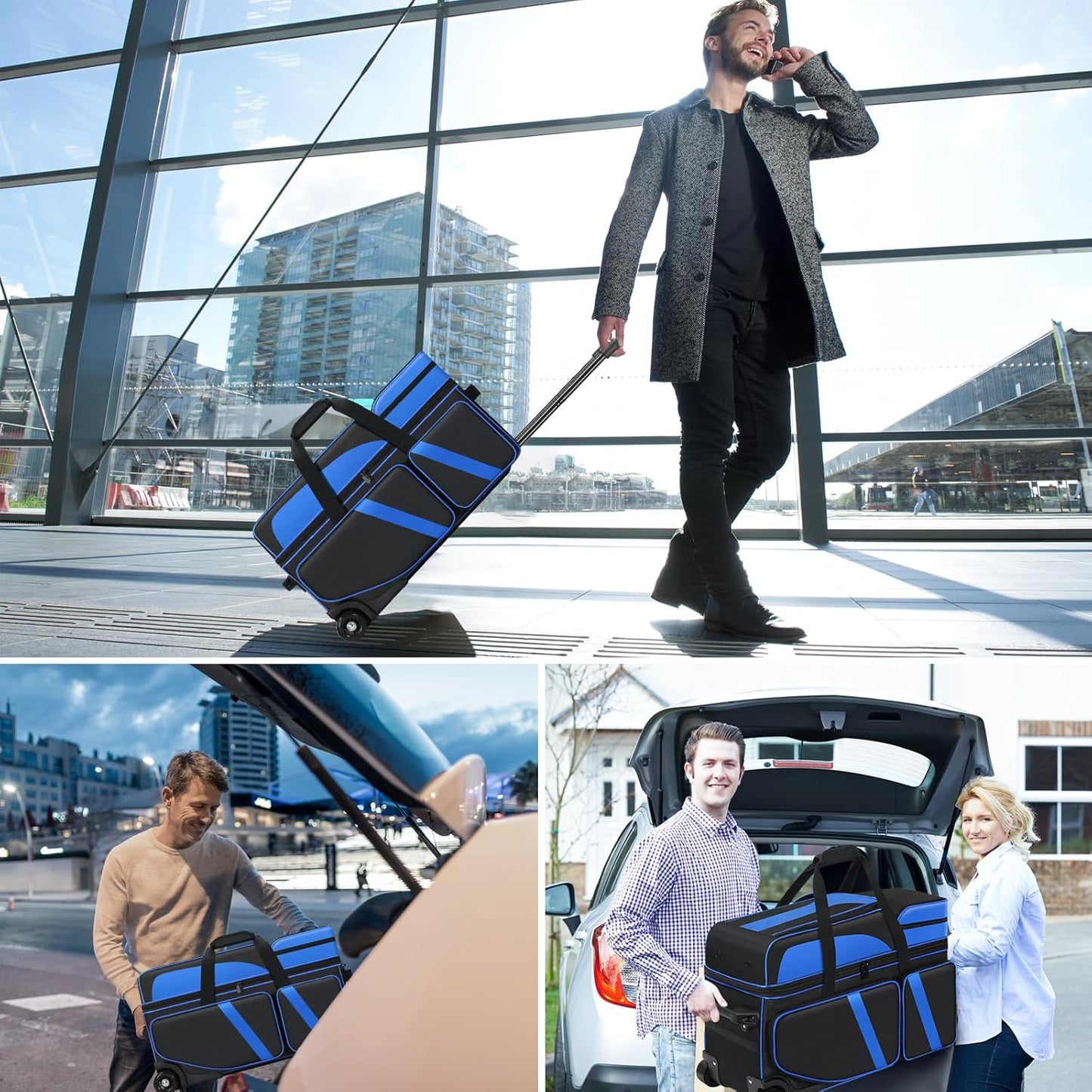 3 Ball Bowling Bag with Wheels, Bowling Bag 3 Ball Roller with Shoe Compartment (Fits Up to Size 16), with Multi-pocket and Retractable Handle Extends to 41.5"