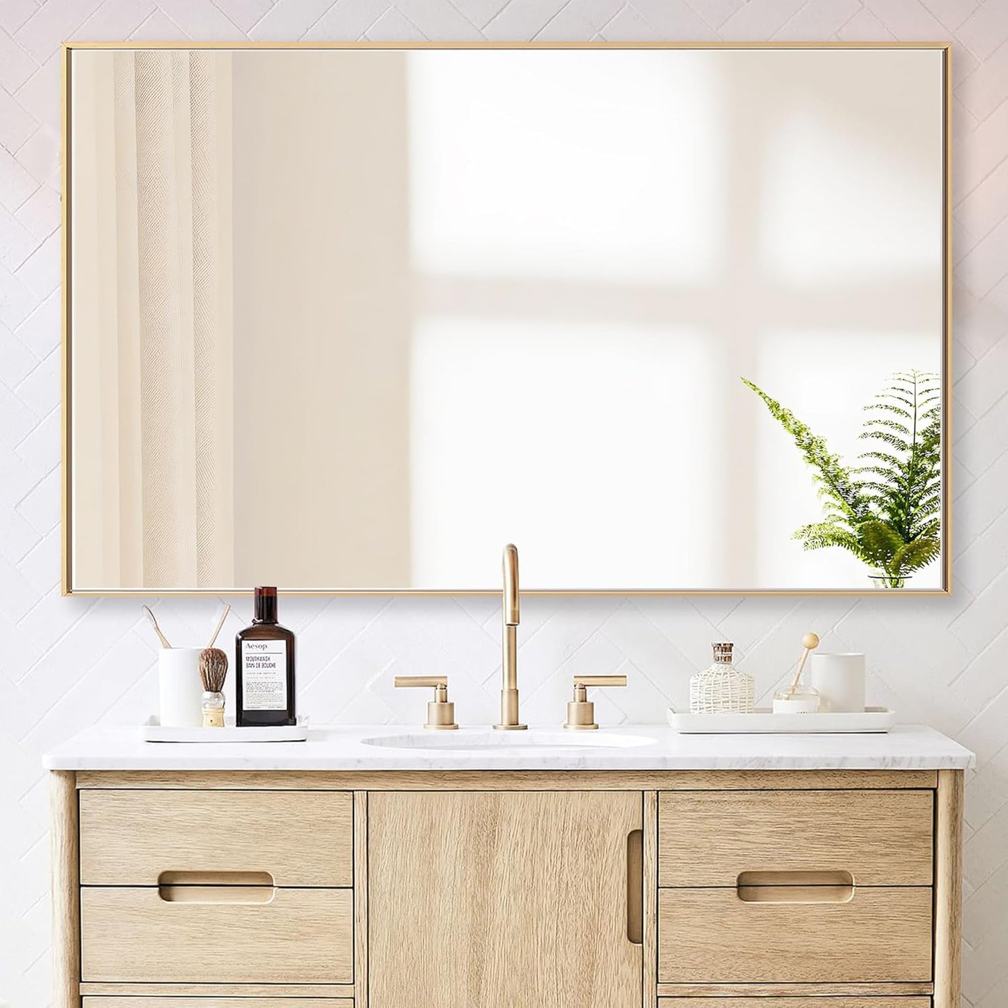 30x48 Inch Orange Gold Bathroom Mirror for Wall, Aluminum Frame Rectangle Rectangular Vanity Mirror, Modern Large for Bedroom, Living Room, Horizontal or Vertical