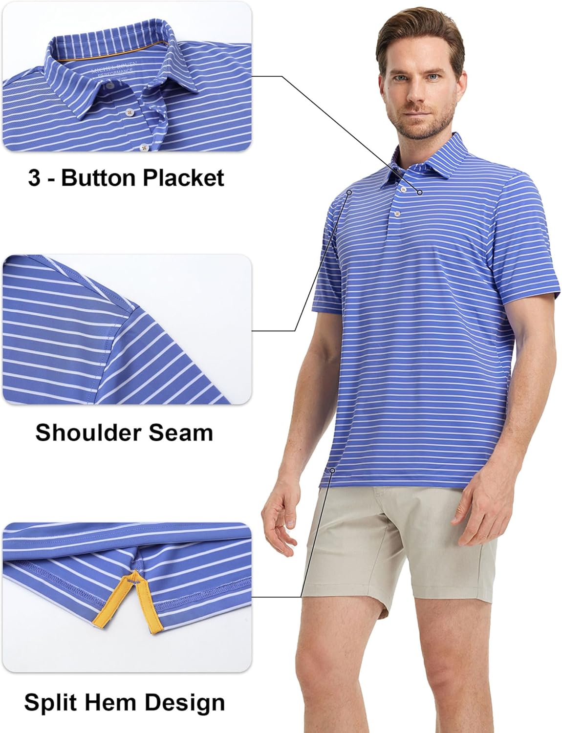Rouen Mens Polo Shirts Short Sleeve Dry Fit Performance Moisture Wicking Causal Striped Polo Collared Golf Shirts for Men