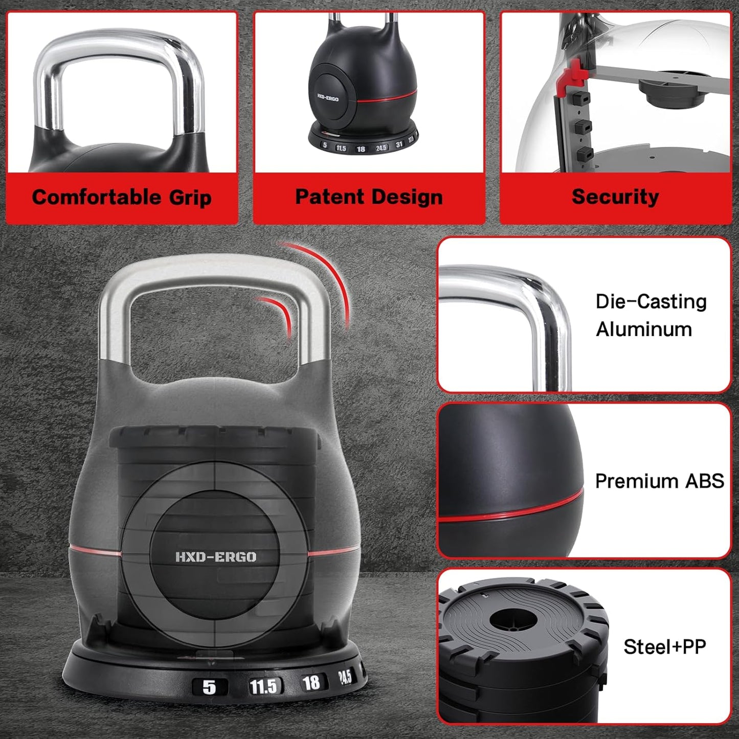 7-in-1 Adjustable Kettlebell, Quick-Adjust Kettlebell for Strength Training, 5-44 LBS Adjustable Weights for Home Gym