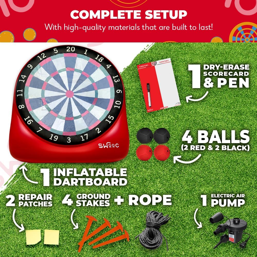 SWOOC Games - XL Giant Kick Darts (Over 8ft Tall) with 15+ Games Included - Jumbo Soccer Darts w/Air Pump - Big Inflatable Games - Carnival Games - Giant Outdoor Games & Activities - Giant Yard Games