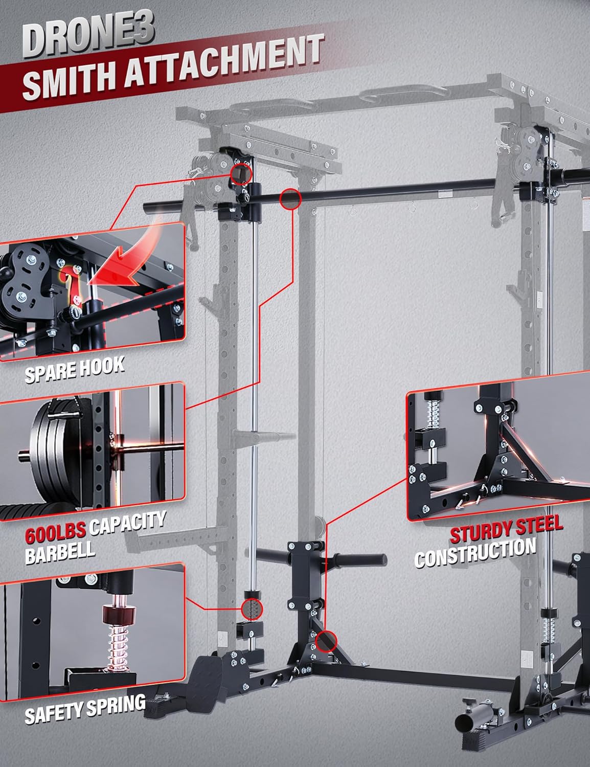 Major Fitness Drone3 Smith△ Machine – All-in-One Home Gym Squat Rack with Weight Bar, Cable Crossover Machine – Heavy-Duty Fitness Equipment for Strength Training and Full-Body Workouts