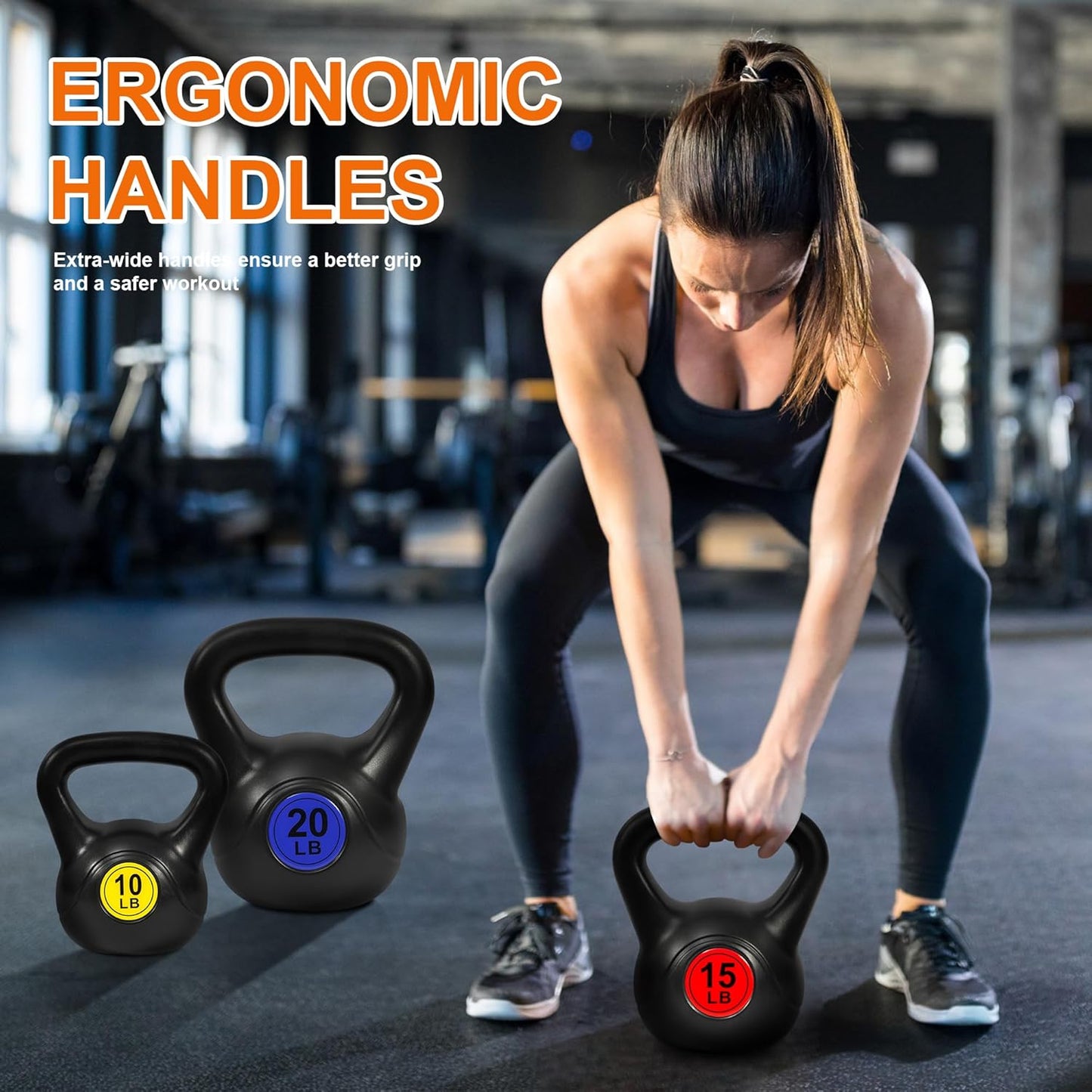 Wide Grip 3-Piece or 4-Piece Kettlebell Exercise Fitness Weight Set, Include 5 lbs, 10 lbs, 15 lbs and 20 lbs, Set of 3 or Set of 4