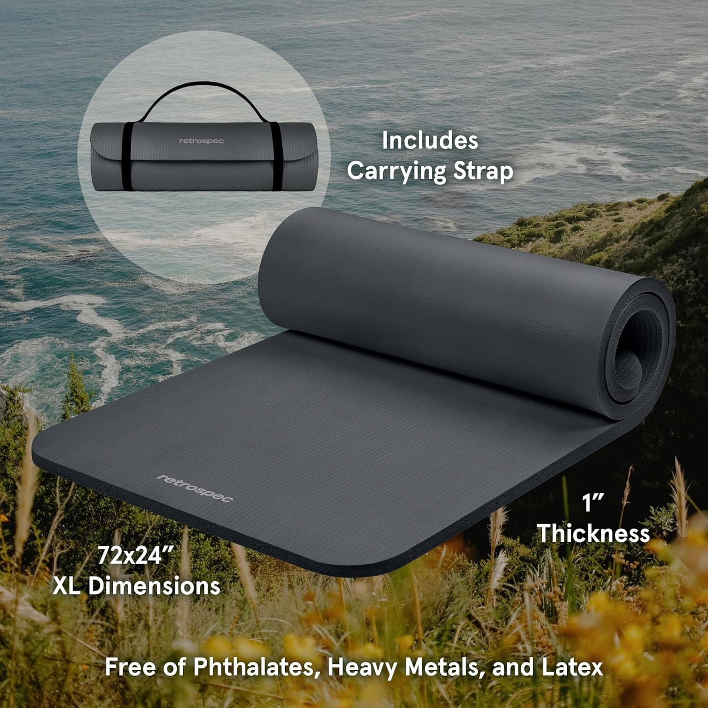 Retrospec Solana Yoga Mat 1" Thick With Nylon Carry Strap for Men & Women - Non Slip Exercise Mat for Home Yoga, Pilates, Stretching, Floor & Fitness Workouts