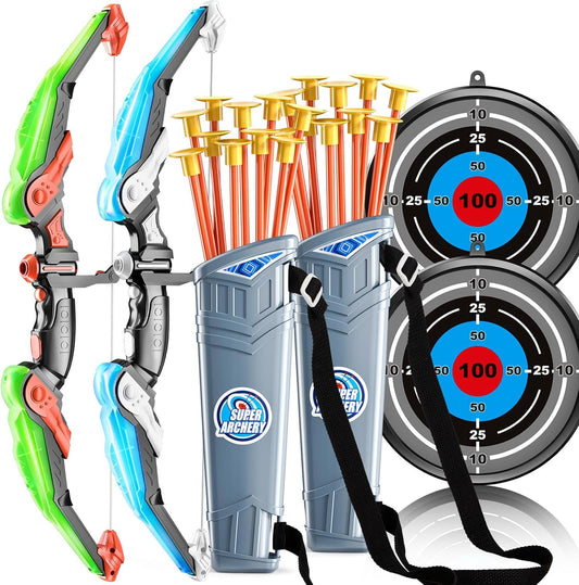 2 Pack Set Bow and Arrow Archery Toy for Kids, LED Light Up with 20 Suction Cup Arrows Target & Quiver, Outdoor Toys Kids Boys Girls Ages 3-12 Years Old