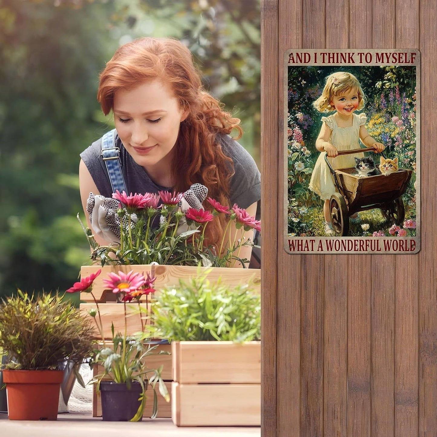 Garden Girl Metal Tin Sign Wall Art Rustic Vintage Outdoor Decor And I Think To Myself What A Wonderful World Quote 12 * 8inch