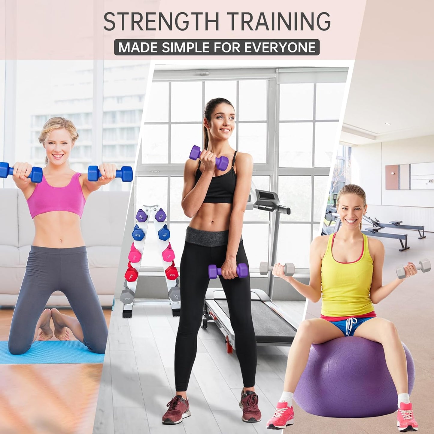 6-10 Pair Iron and Rubber Dumbbell Set 350/450 and 550 lbs 5-50 lbs Hand Free Weight for Strength Hex Coated Weights with Vertical Storage Rack Home Gym 5-50 lb - Black