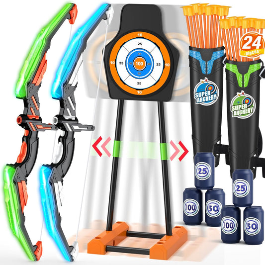 2 Pack Bow and Arrow with Moving Target for Kids, LED Light Up Archery Set with 24 Suction Cup Arrows, 6 Score Targets & 2 Quiver, Indoor Outdoor Sport Gifts for Boys Girls Ages 4-12