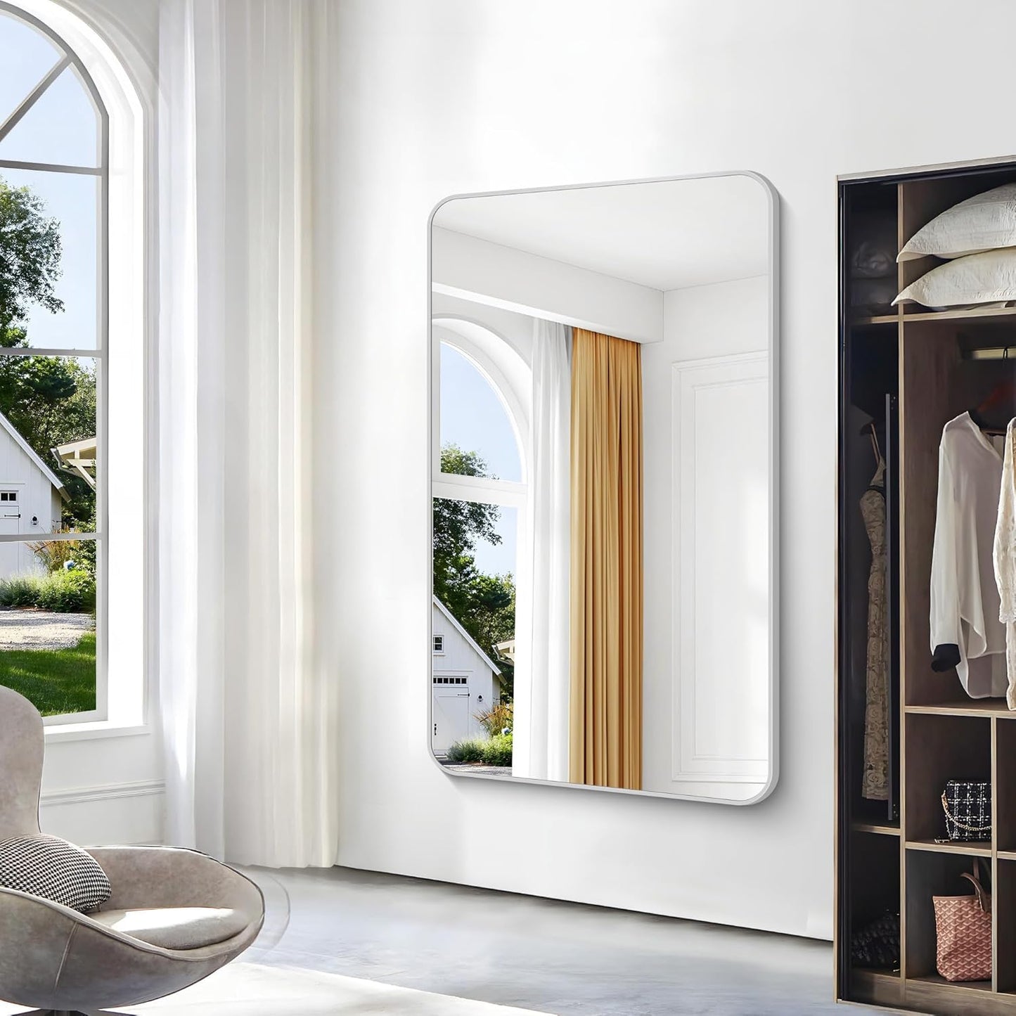 Silver Bathroom Mirror,60x36 inch Wall Mirror for Bathroom Wall Mounted,Rectangle Mirror for Bathroom Over Sink,Modern Frame Round Corner for Living Room,Bedroom Entryway,Horizontal/Vertical