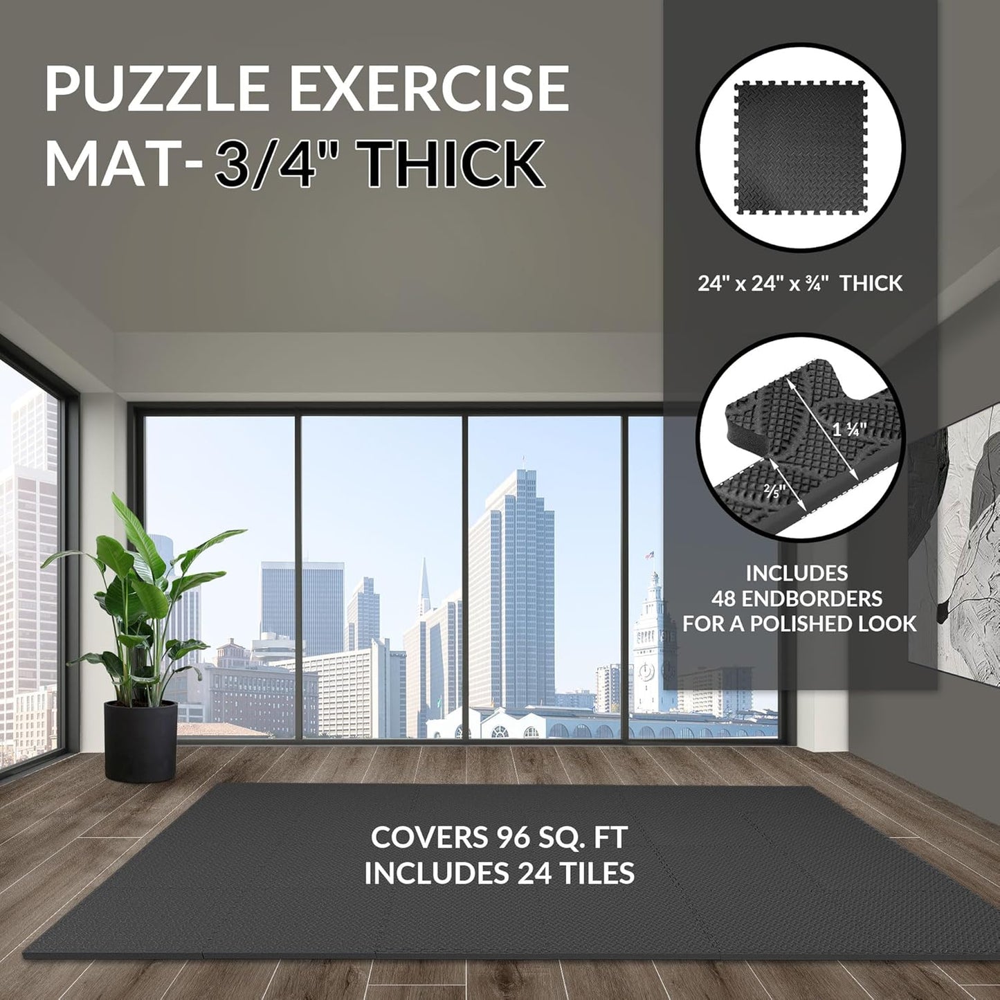 Puzzle Exercise Gym Flooring Mat, 3/4" Thick High-Density EVA Interlocking Tiles, Workout Mat for Home Gym, Fitness Equipment, MMA, Gymnastics, 24-Piece Shock-Absorbing Exercise Mat (96 Sq Ft)