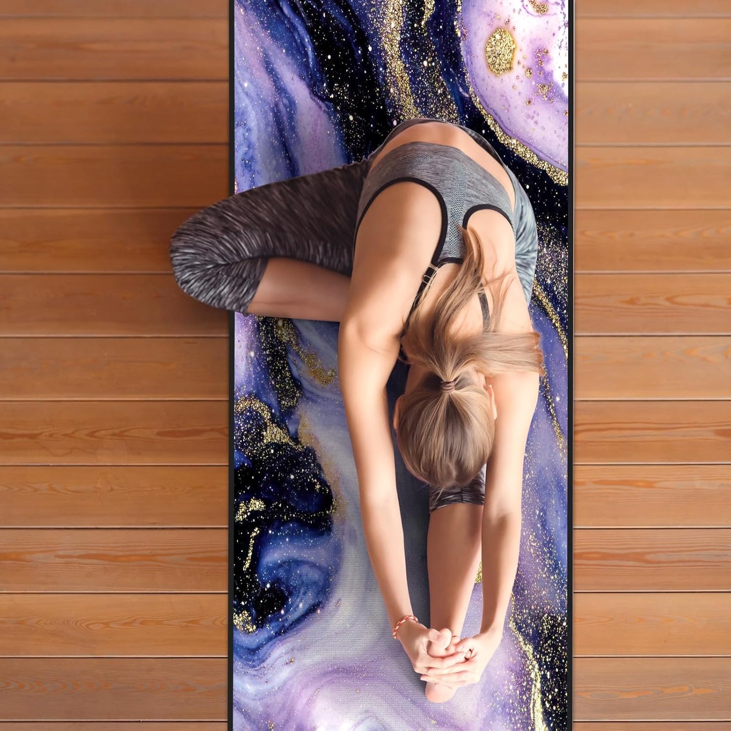 QIYI Large Yoga Mat Towel with Corner Pockets, Non Slip Sweat Absorbent Hot Yoga Towels, Soft Yoga Blankets with Travel Bag, Skidless Mat Cover for Workout, Gym, Fitness - 74"x26", Purple & Pink Grain