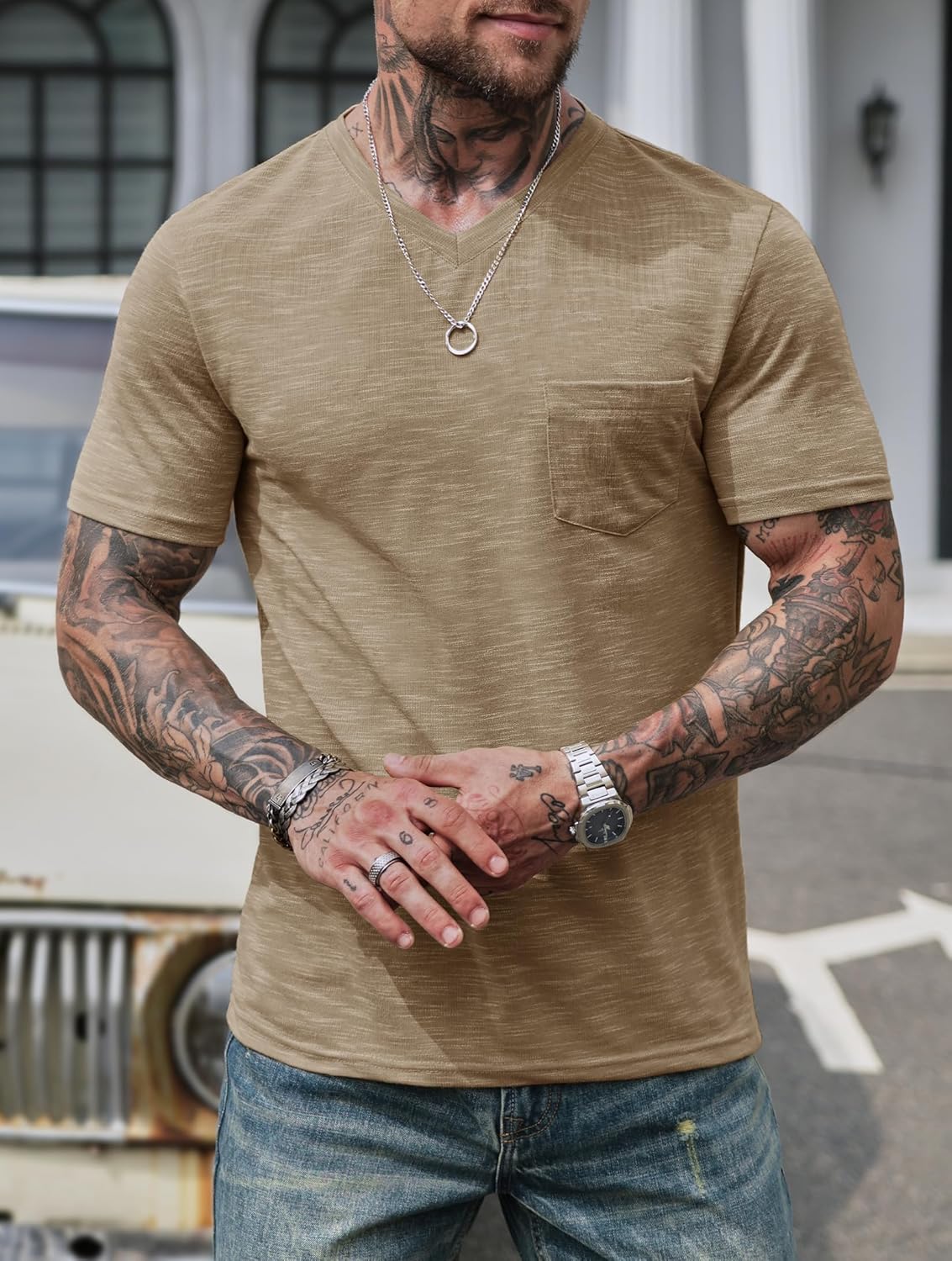 Men's V Neck T Shirts Casual Stylish Fitted Stretch Tee Shirt with Pocket (S-3XL)