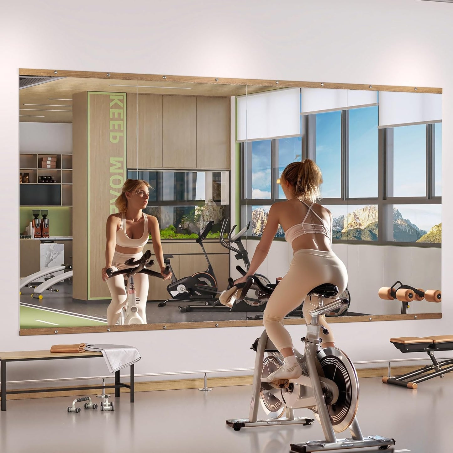 Hasipu 3Pcs 55''x17'' Home Gym Mirror Large Full Length Wall Mounted Full Body Mirror for Yoga Dance Fitness Exercise Studio Bedroom Garage, Frameless Tempered Glass Workout Mirrors Walnut Rectangular