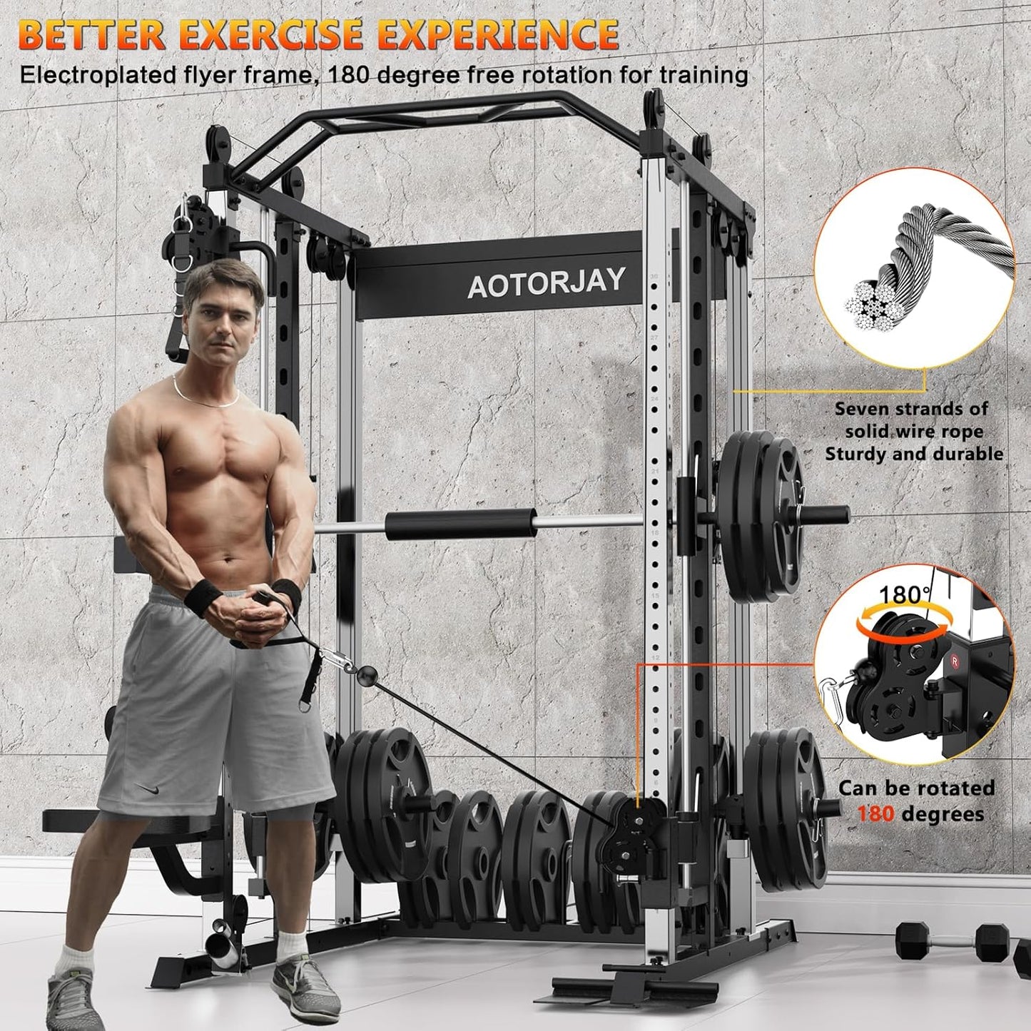 Smith Machine Strength Training Squat Rack with Smith Bar, Power Cage with LAT Pull-Down Systems, Cable Crossover Machine for Home Gym and More Training Attachment