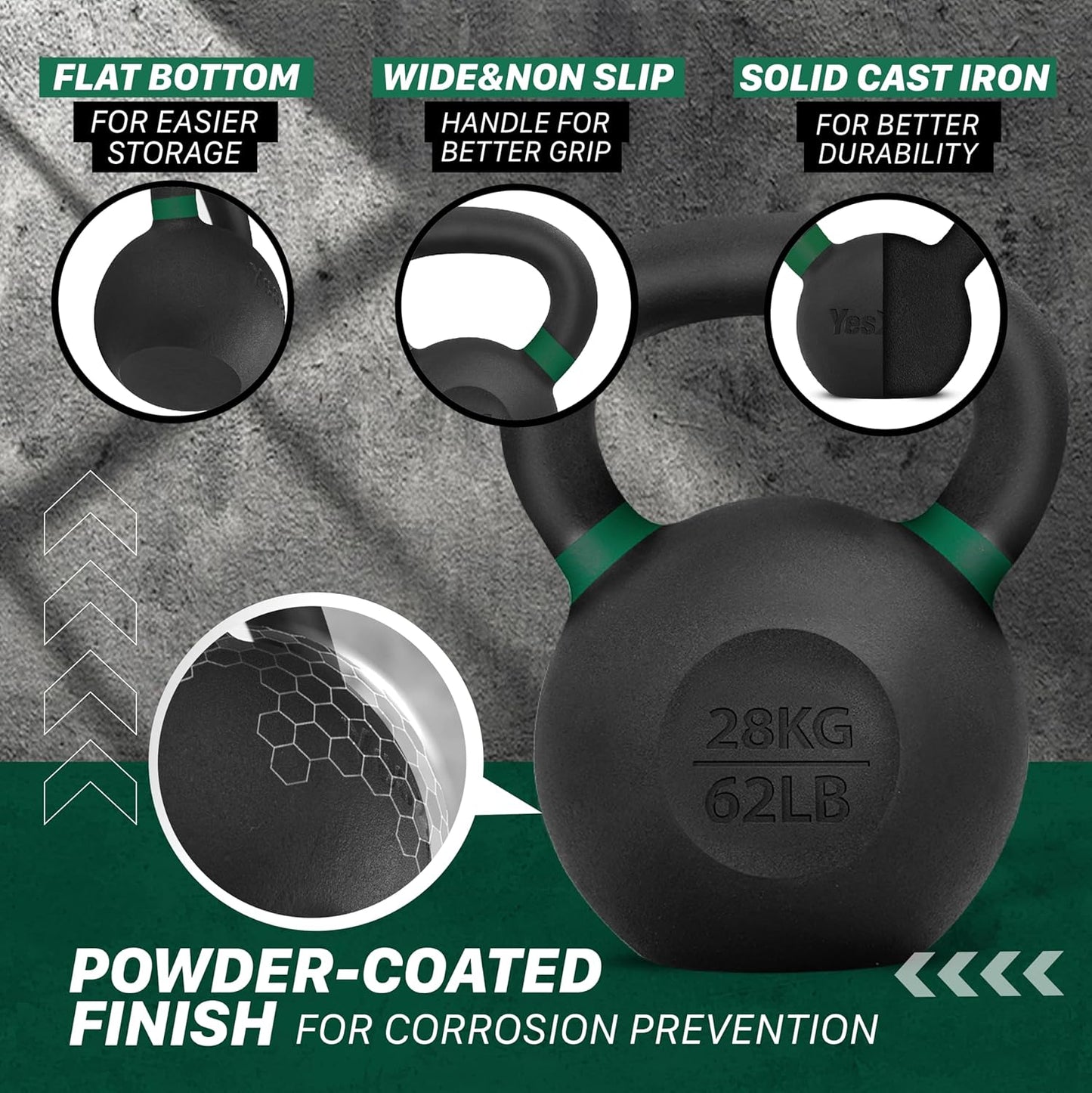 Yes4All Powder Coated Cast Iron Kettlebell Strength Training Kettlebells Weight Set for Full Body Workout, Home Gym