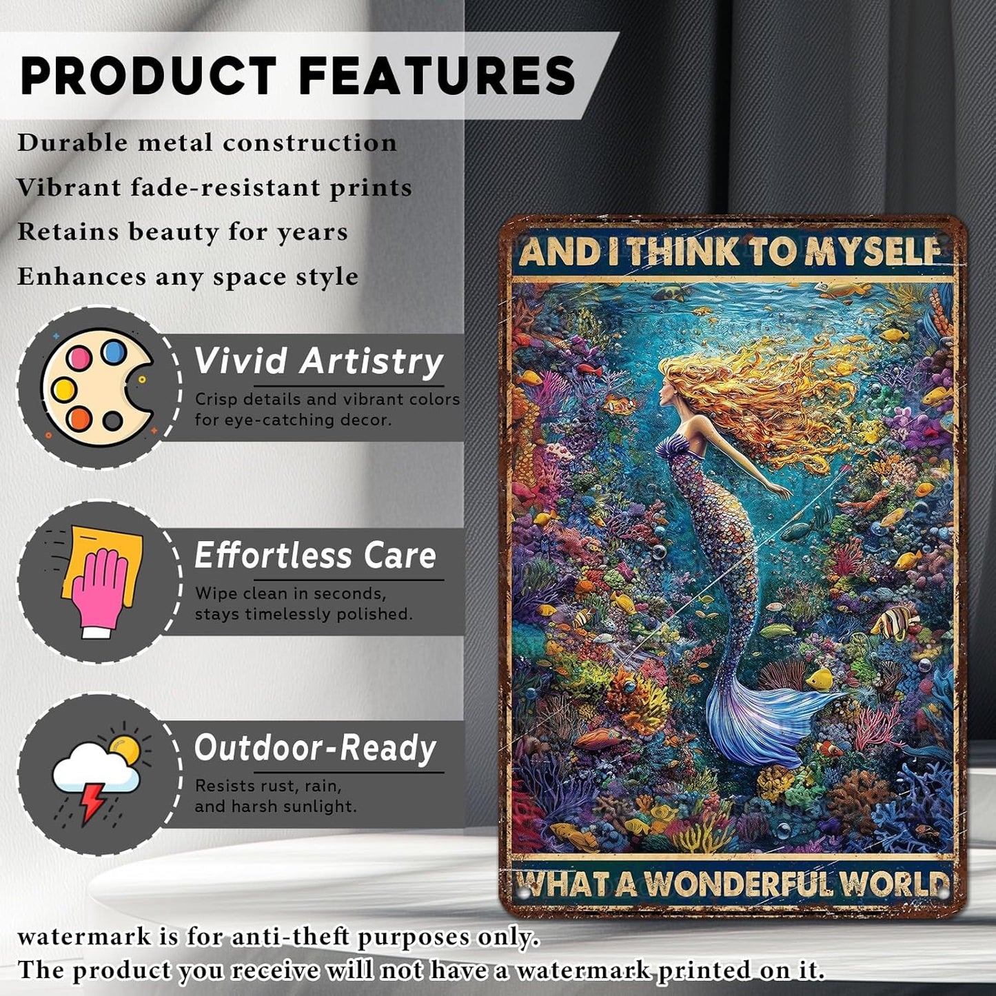 Retro Mermaid Tin Sign And I Think to Myself What a Wonderful World Vintage Metal Poster Funny Wall Art Toilet Bathroom Man Cave Bar Cafe Indoor Room Garage 12 * 8inch