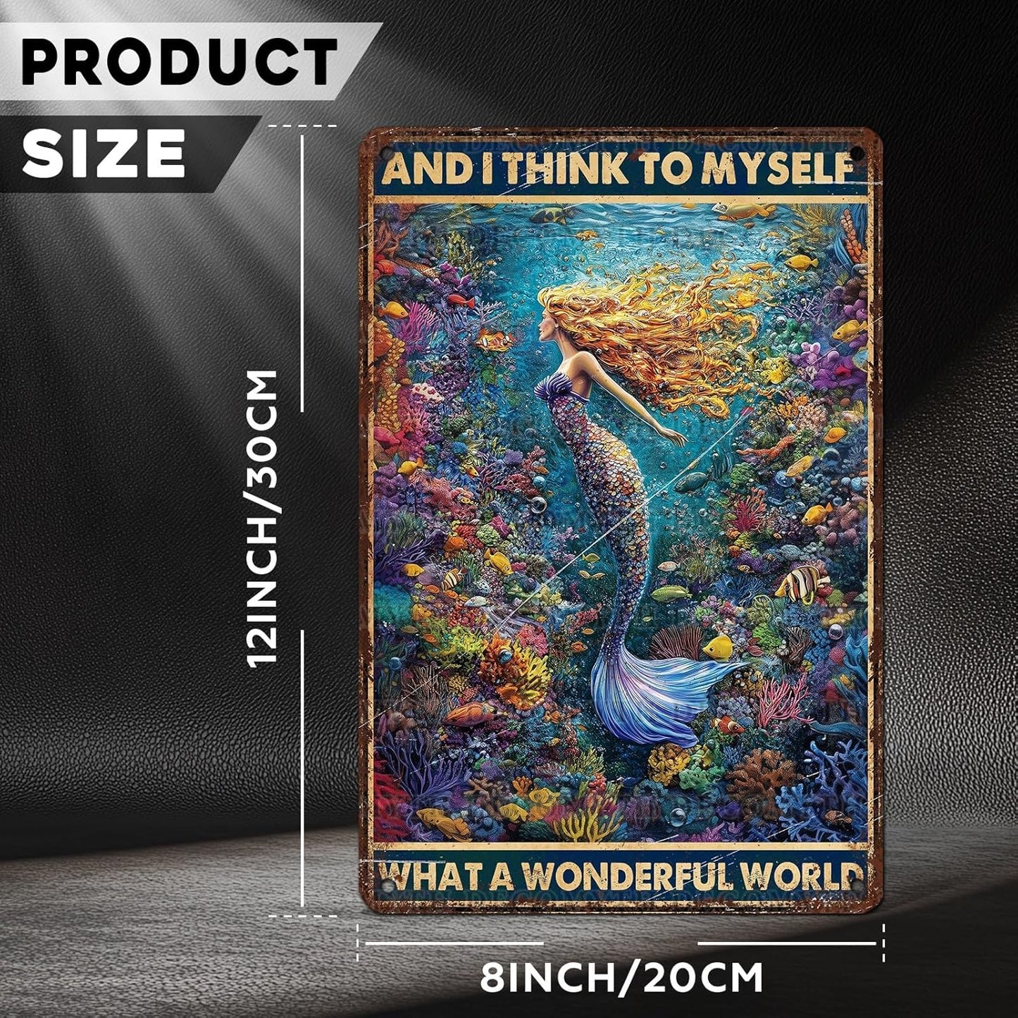 Retro Mermaid Tin Sign And I Think to Myself What a Wonderful World Vintage Metal Poster Funny Wall Art Toilet Bathroom Man Cave Bar Cafe Indoor Room Garage 12 * 8inch