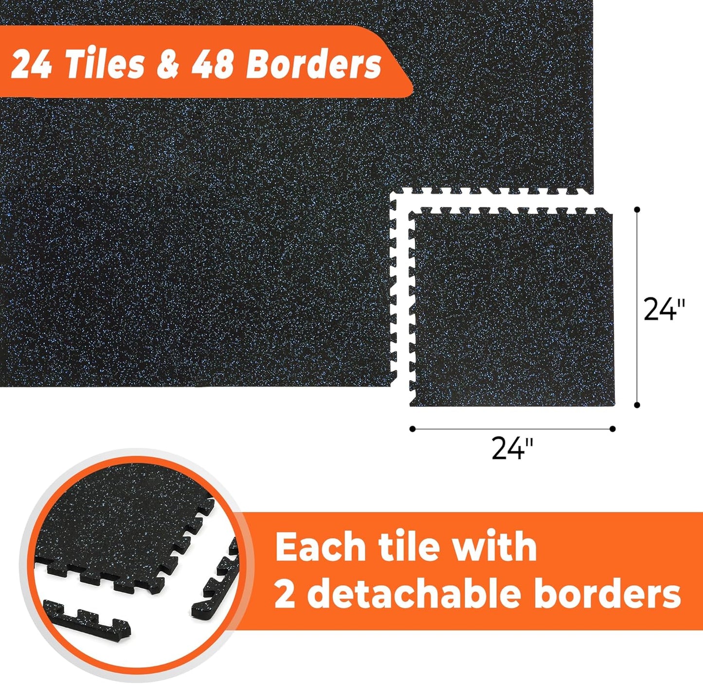 SUPERJARE 0.4 Inch Flooring for Home Gym, 24 Tiles Floor Mat With Heavy Duty Rubber Top, Interlocking Mats, 24" x 24" Workout Exercise Equipment (96 sqft), Black/Blue