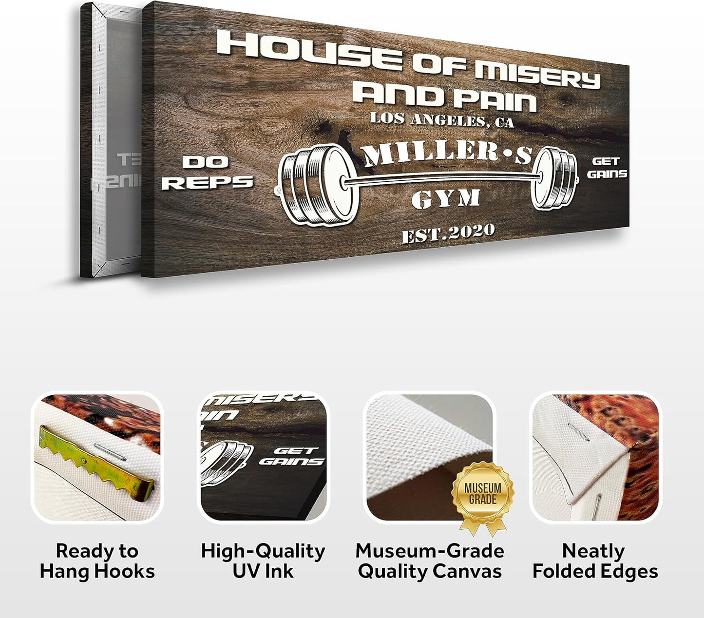 Tailored Canvases Personalized Gym Sign Wall Art Decor - Motivational Canvas for Home Gym, Workout Room, Garage, Fitness Center - Workout Inspirational Posters - House of Misery and Pain, Wooden 48x16in