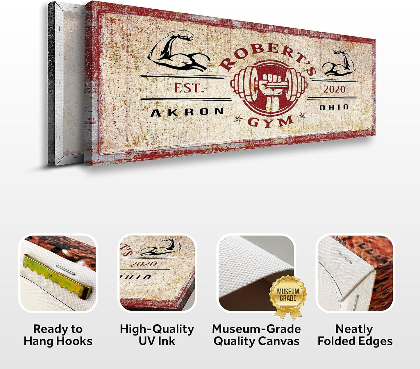Tailored Canvases Personalized Gym Sign Wall Art Decor - Motivational Canvas for Home Gym, Workout Room, Garage, Fitness Center - Workout Inspirational Posters - One Hand Dumbbell on Rustic Red, 48x16in