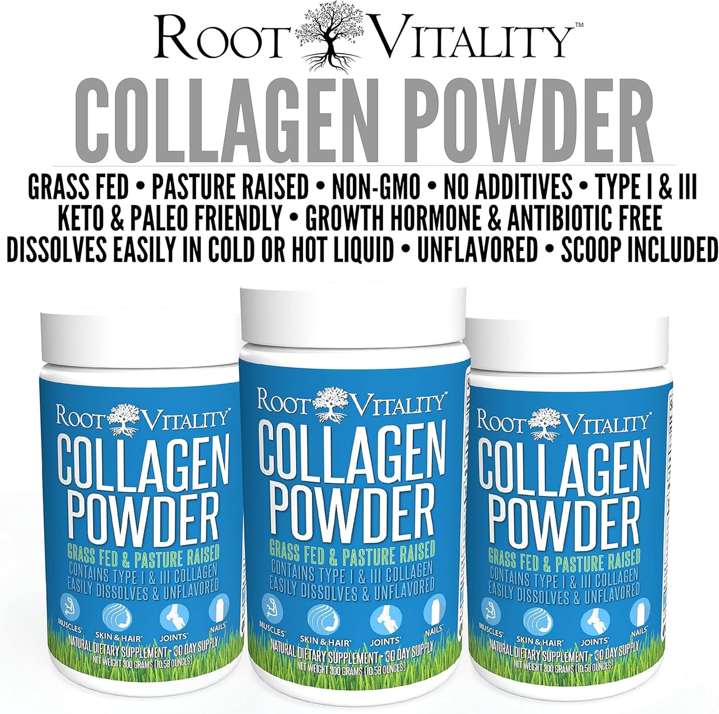 Collagen Peptides Powder - Grass-Fed, Pasture-Raised Hydrolyzed Protein Supplement for Skin, Hair, & Nails - Non-GMO, Zero Sugar Daily Supplement for Men & Women (30 Servings)