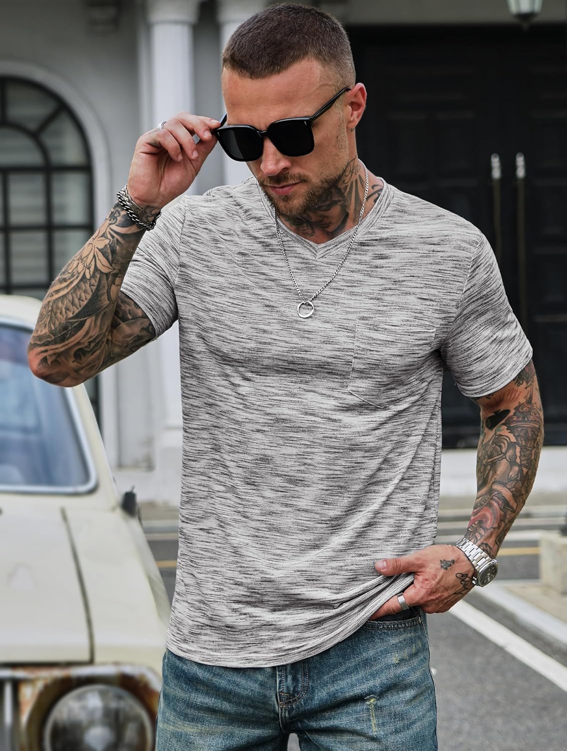 Men's V Neck T Shirts Casual Stylish Fitted Stretch Tee Shirt with Pocket (S-3XL)