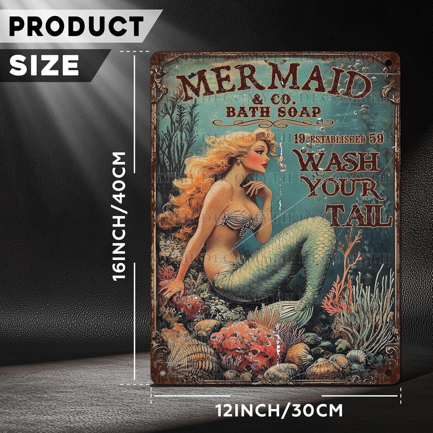 Retro Mermaid Tin Sign Wash Your Tail Vintage Metal Poster Funny Bath Soap Wall Art Toilet Bathroom Man Cave Bar Cafe Indoor Living Room Garage 12 * 16inch