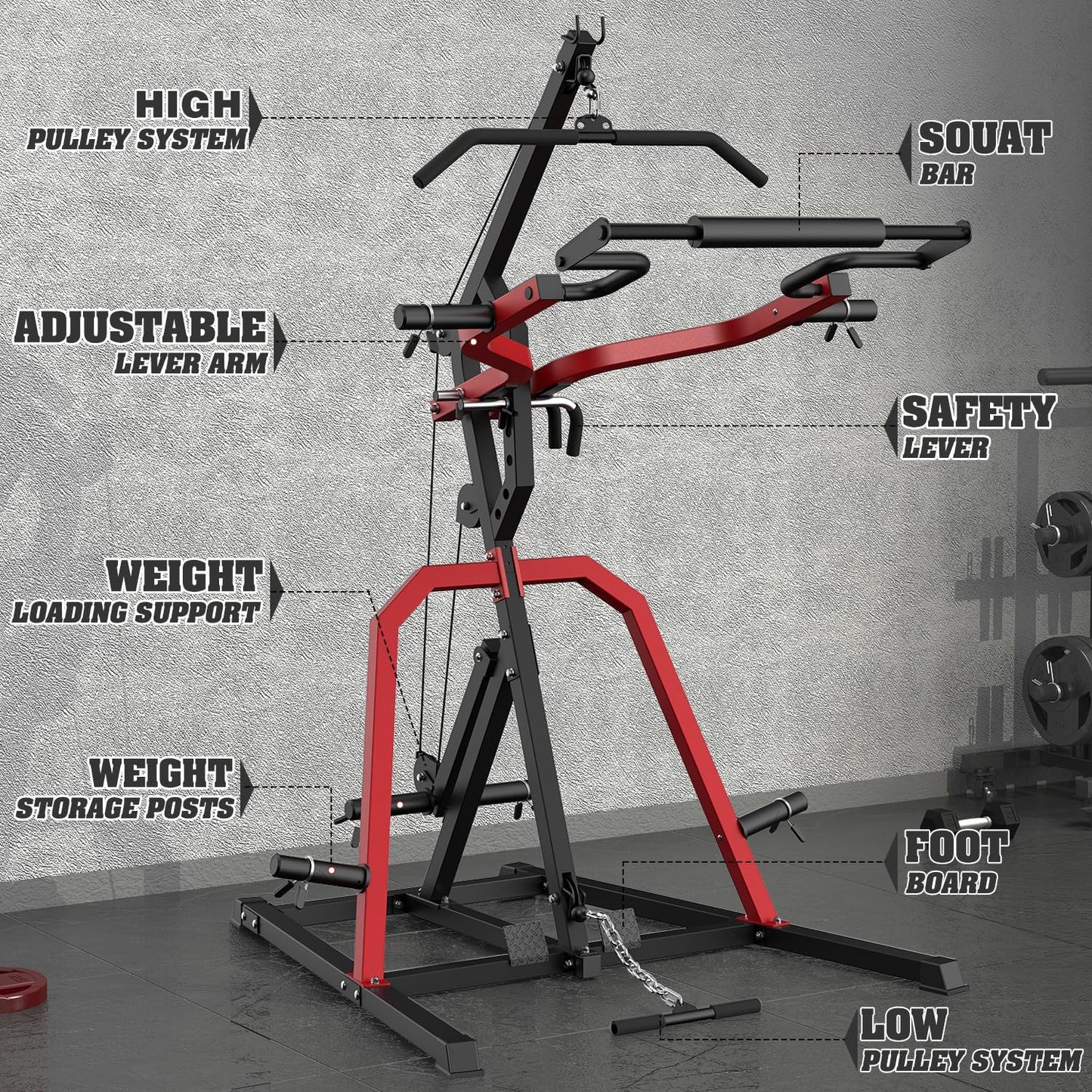 DONOW Leverage Gym Power Rack Squat Rack Lever Gym with LAT Low Row System Home Gym System Workout Station 2:1 Ratio (Without Weight Plates)