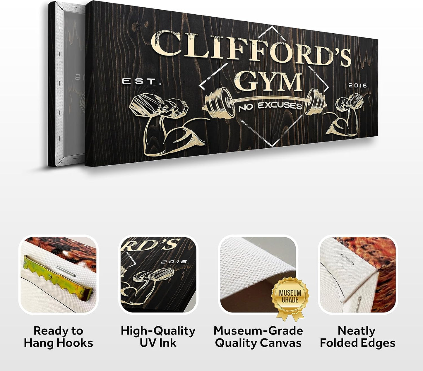Tailored Canvases Personalized Gym Sign Wall Art Decor - Motivational Canvas for Home Gym, Workout Room, Garage, Fitness Center - Workout Inspirational Posters - Gym Name on Wooden Background, 36x12in