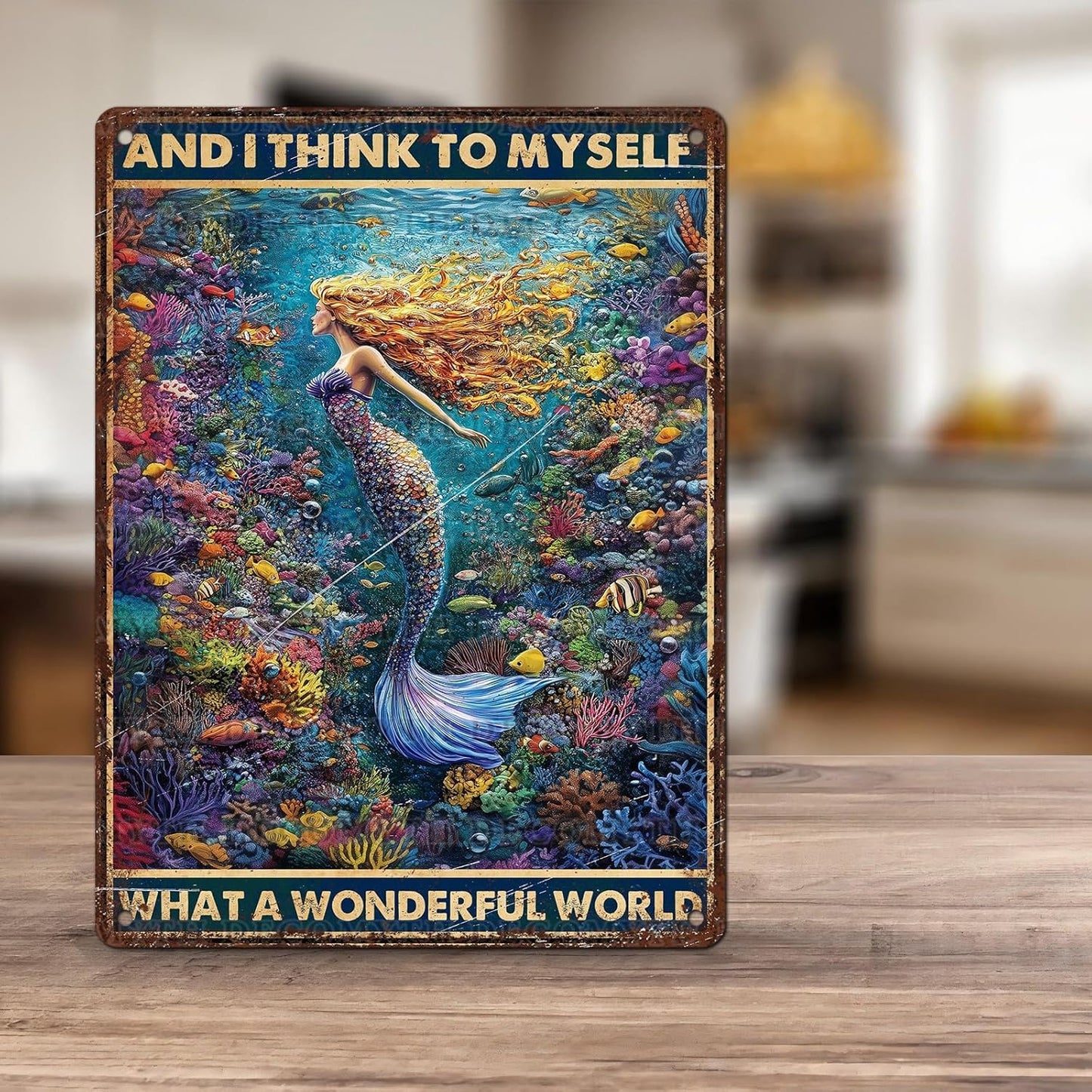 Retro Mermaid Tin Sign And I Think to Myself What a Wonderful World Vintage Metal Poster Funny Wall Art Toilet Bathroom Man Cave Bar Cafe Indoor Room Garage 12 * 16inch